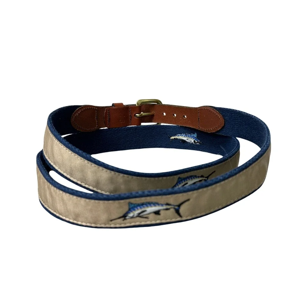 Leather Man Ltd Mens 46 Ribbon Belt Navy Tan Striped Top Grain Leather Brass CT